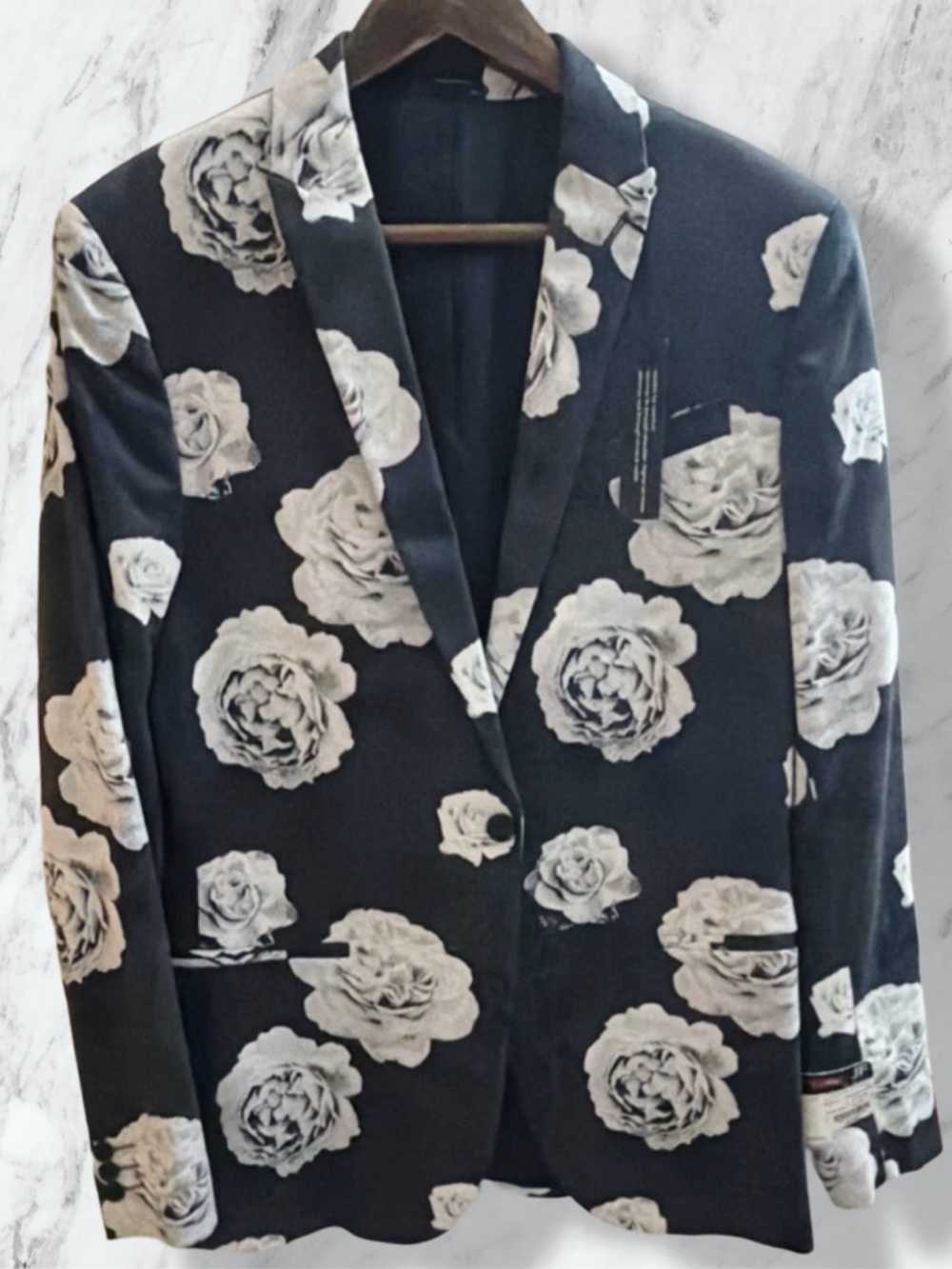 JF J. FERRAR BLACK BLAZER WITH WHITE FLORAL PRINT FOR MAN
